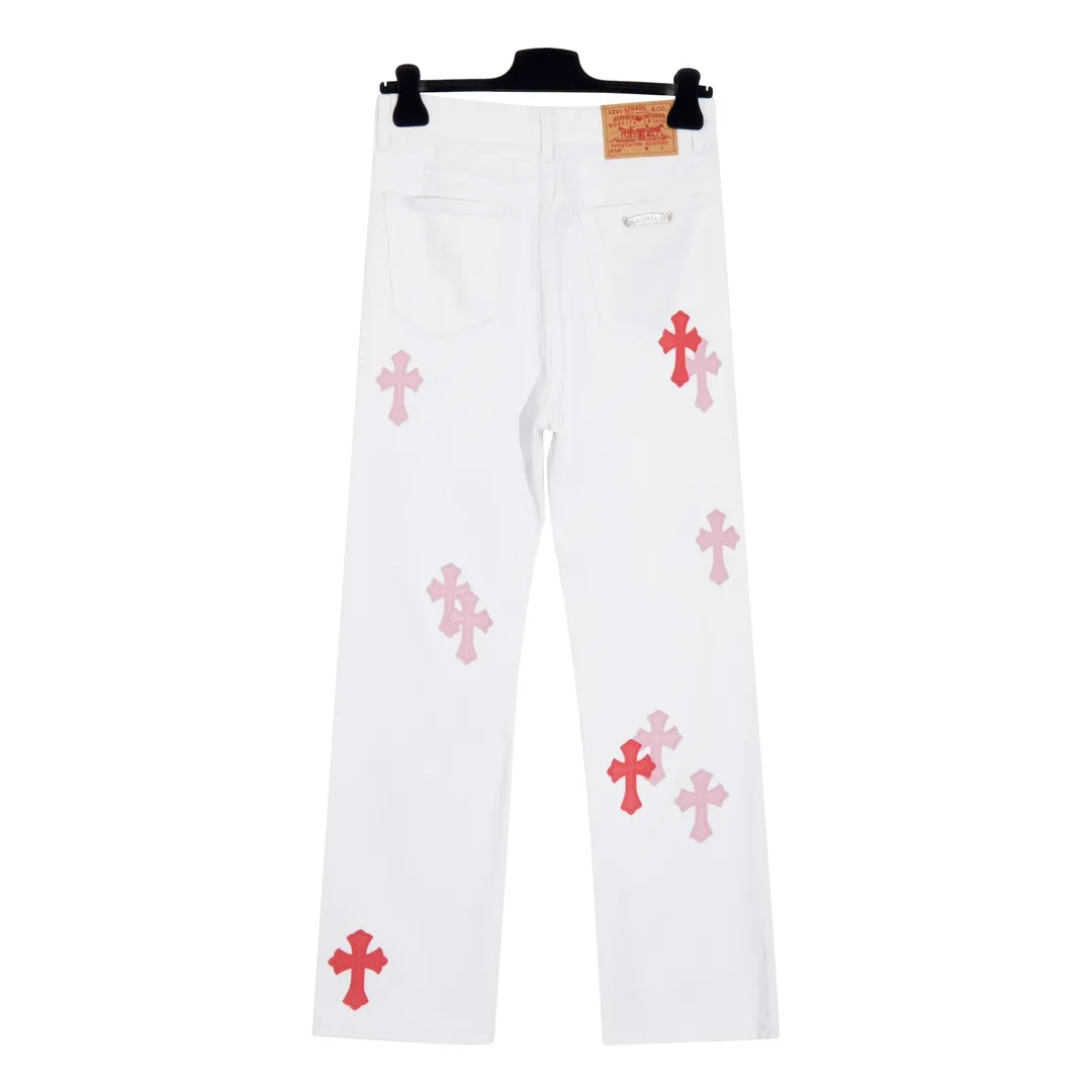P210 [Next day] Chrome Heart Cross patchwork leather jeans Top heavy washing process Calfskin laser cut cross Distressed silver hardware Straight version slimming the upper body High-end quality distinguishes the market currency Color: White patchwork Size: S M L XL Detailed sizes can be found in picture 9